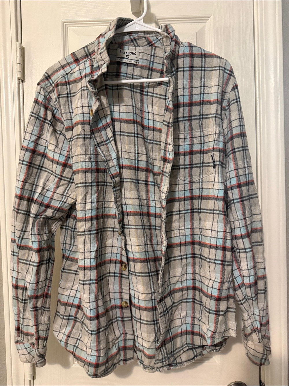Billabong Cream Plaid Flannel Shirt with Blue & Red Stripes